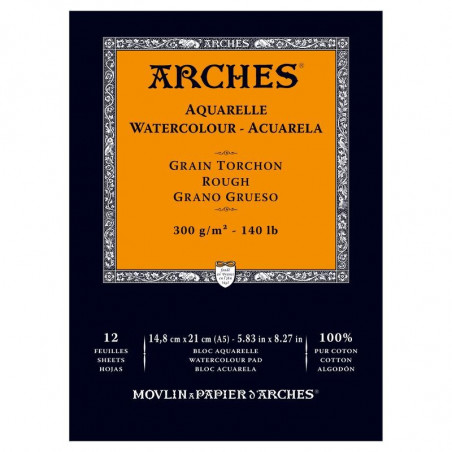 Arches Aquarelle Bianco Naturale, blocco collato 1 lato, 12 fogli, cm 14,8x21, grana torchon, 300gr/mq