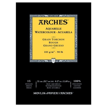 Arches Aquarelle Bianco Naturale, blocco collato 1 lato, 15 fogli, cm 21x29,7, grana torchon, 185gr/mq