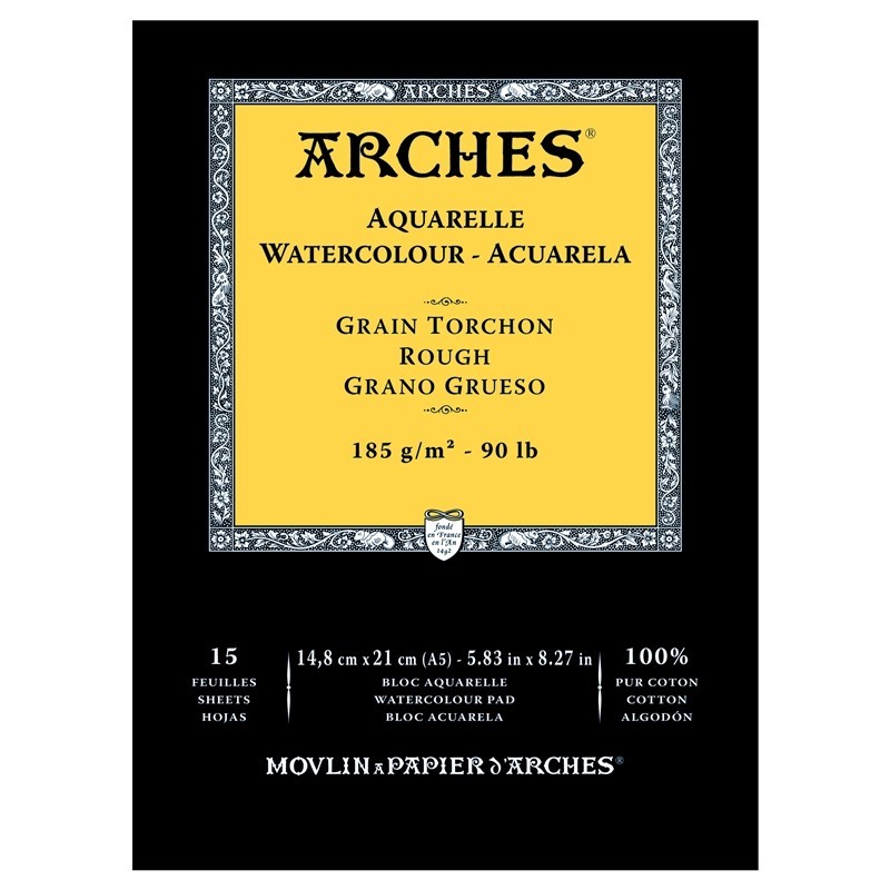 Arches Aquarelle Bianco Naturale, blocco collato 1 lato, 15 fogli, cm 14,8x21, grana torchon, 185gr/mq