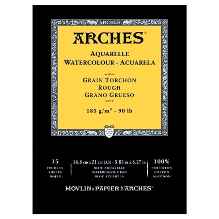 Arches Aquarelle Bianco Naturale, blocco collato 1 lato, 15 fogli, cm 14,8x21, grana torchon, 185gr/mq