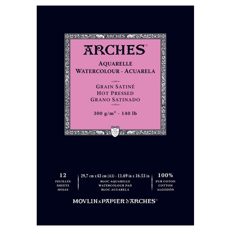 Arches Aquarelle Bianco Naturale, blocco collato 1 lato, 12 fogli, cm 29,7x42, grana satinata, 300gr/mq