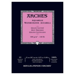 Arches Aquarelle Bianco Naturale, blocco collato 1 lato, 12 fogli, cm 21x29,7, grana satinata, 300gr/mq