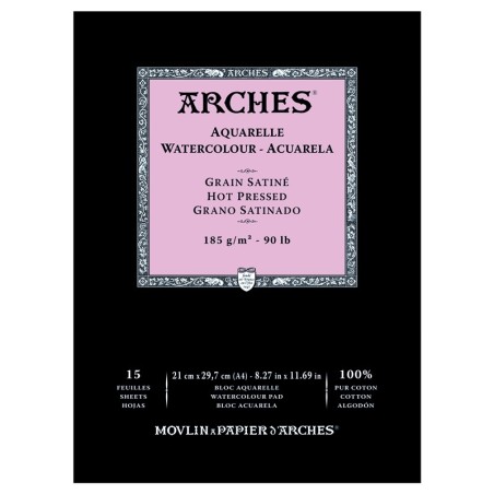Arches Aquarelle Bianco Naturale, blocco collato 1 lato, 15 fogli, cm 21x29,7, grana satinata, 185gr/mq