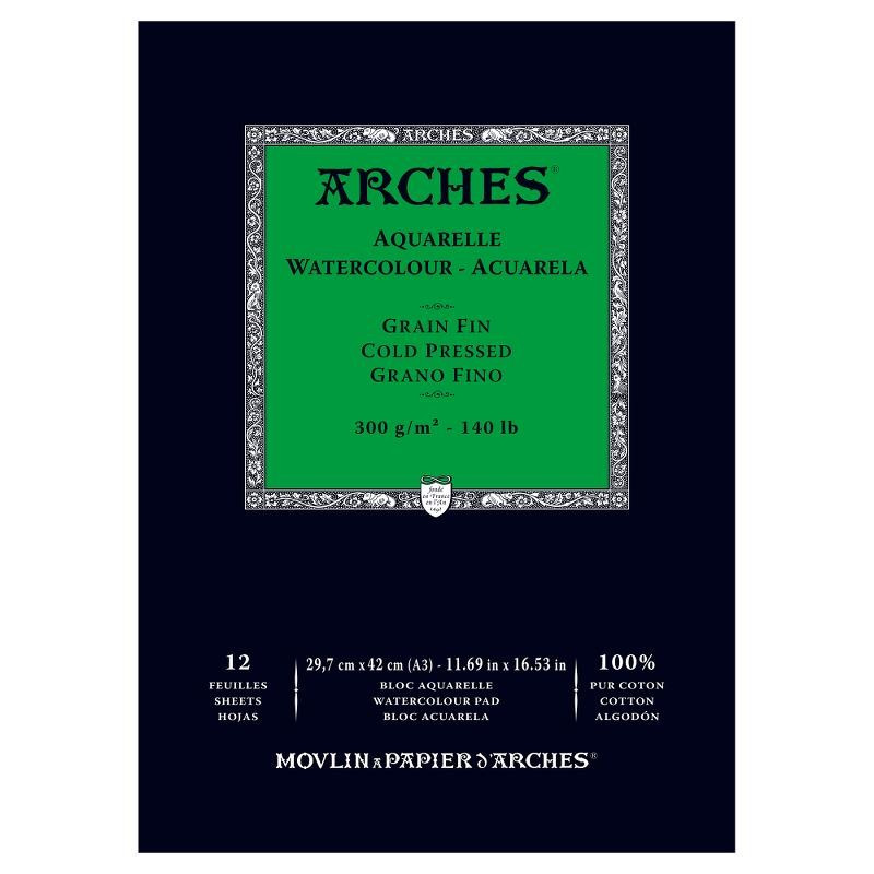 Arches Aquarelle Bianco Naturale, blocco collato 1 lato, 12 fogli, cm 29,7x42, grana fine, 300gr/mq