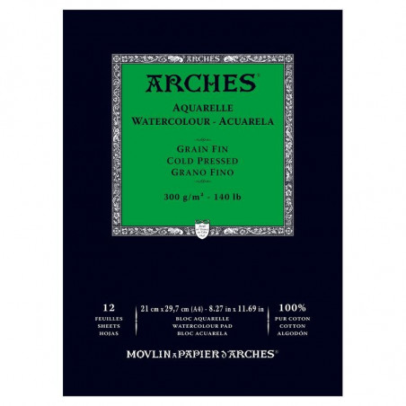 Arches Aquarelle Bianco Naturale, blocco collato 1 lato, 12 fogli, cm 21x29,7, grana fine, 300gr/mq