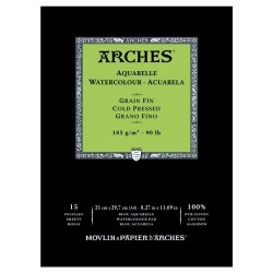 Arches Aquarelle Bianco Naturale, blocco collato 1 lato, 15 fogli, cm 21x29,7, grana fine, 185gr/mq