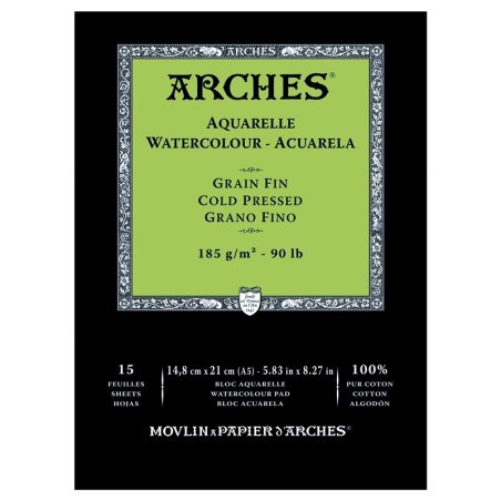 Arches Aquarelle Bianco Naturale, blocco collato 1 lato, 15 fogli, cm 14,8x21, grana fine, 185gr/mq
