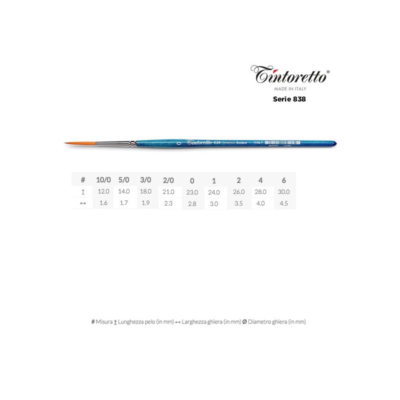 Tintoretto Serie n.838, pennello sintetico AMBRA a punta tonda extra lungo per filettare, manico corto