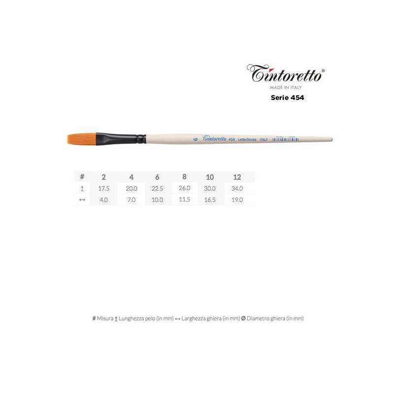 Tintoretto Serie n.454, LetterStroke, pennello sintetico ambra a punta piatta, manico corto