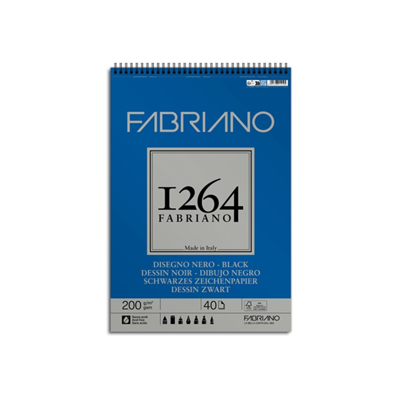 Fabriano 1264 Disegno, Blocco spiralato, Nero, 40 fogli, Ruvido, 200gr/Mq