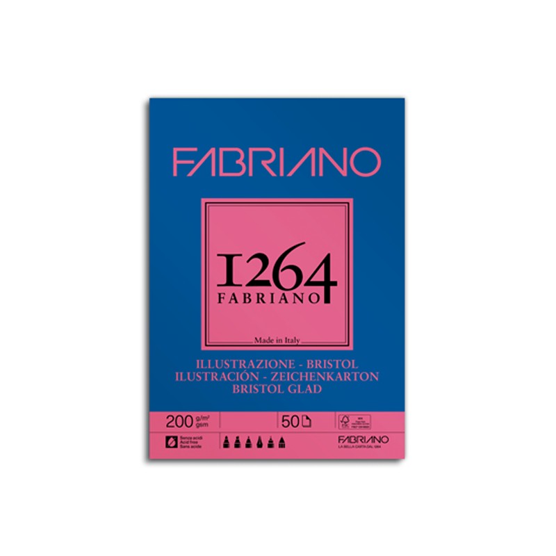 Fabriano 1264 Illustrazione Bristol, Blocco collato 1 lato, 50 fogli, Liscio, 200gr/Mq
