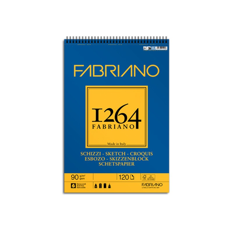 Fabriano 1264 Schizzi, Blocco spiralato, 120 fogli, Grana Naturale, 90gr/Mq