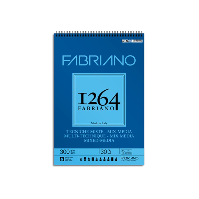 Fabriano 1264 Tecniche Miste, Blocco spiralato, 30 fogli, Grana Naturale, 300gr/Mq
